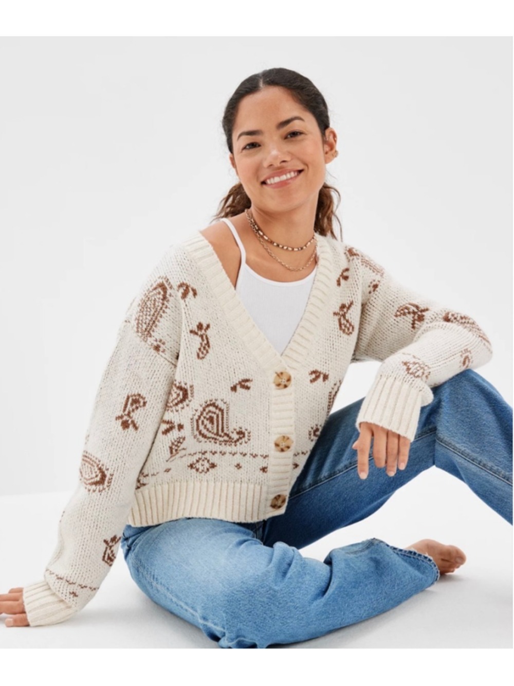 American Eagle AE Cropped Bandana Print Cardigan Size Small Tan
